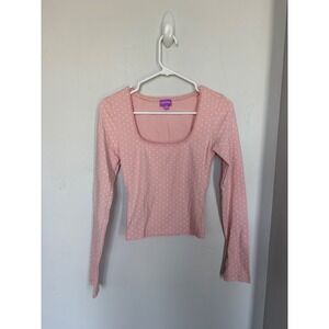 Popvibe Womens Pink Polka Dot Square Neck Lace Trim Long Sleeve Top Medium